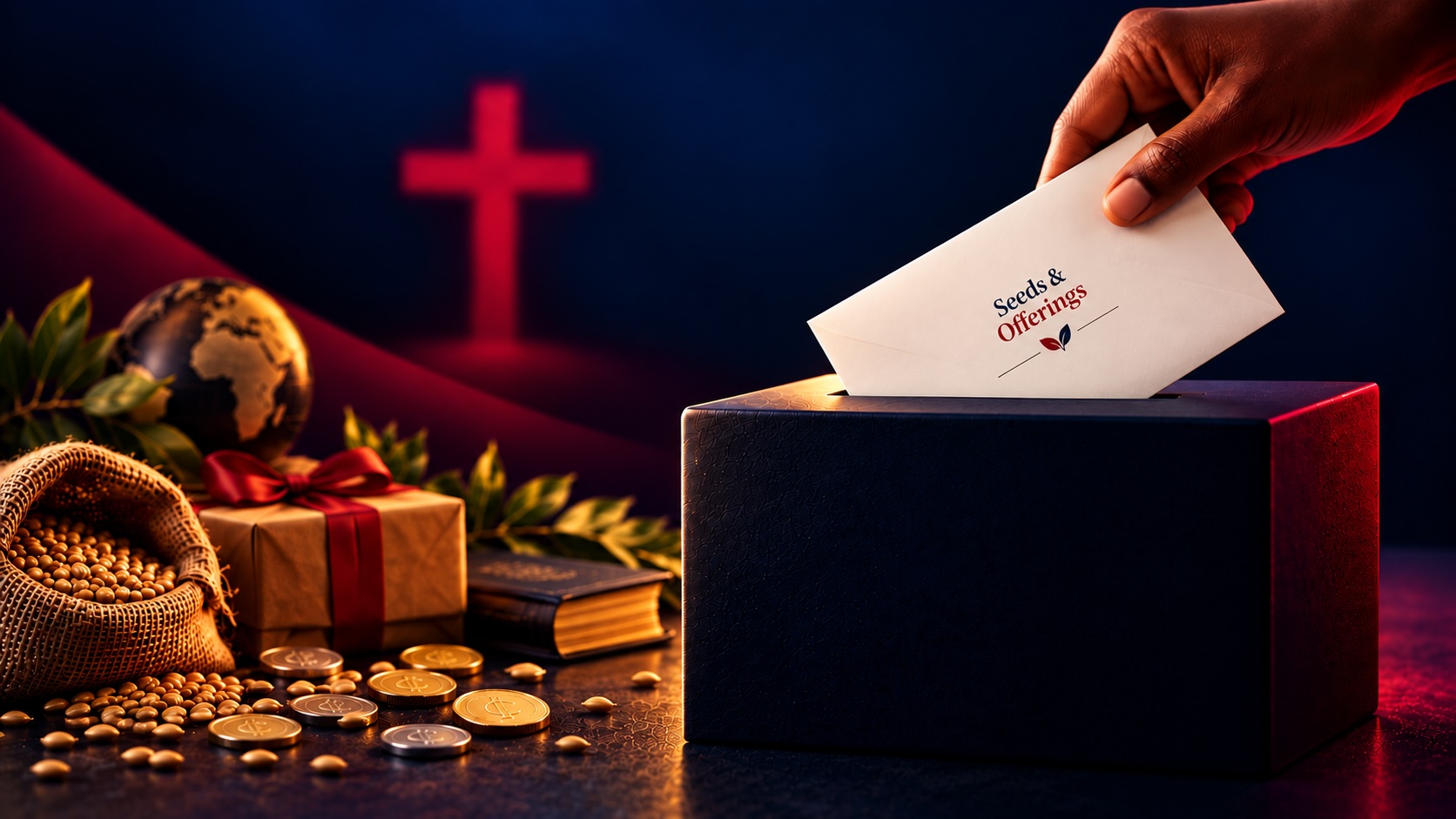 A hand placing a Seeds and Offerings envelope into an offering box