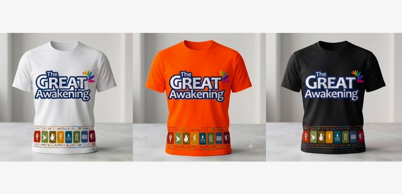 The Great Awakening 2026 T-shirts in white, orange, and black